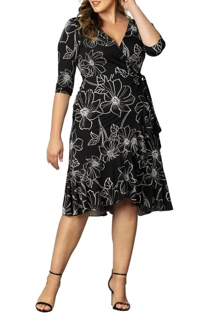 Kiyonna Flirty Flounce Wrap Dress In Black Florals