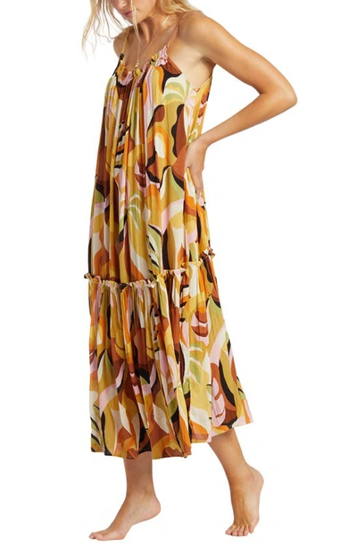 Shop Billabong Sun Follower Ruffle Cover-up Dress In Yellow/ Brown Multi