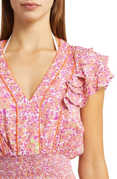 Shop Poupette St Barth Camila Floral Smocked Waist Cover-up Minidress In Pink