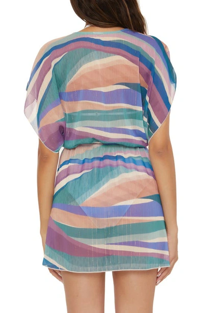 Shop Becca Sound Waves Metallic Stripe Sheer Cover-up Dress In Blue Multi