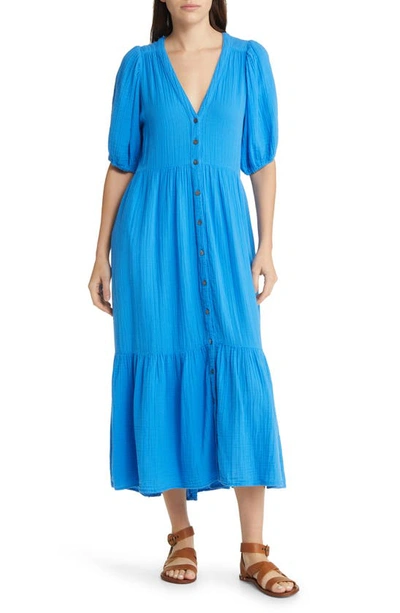 Shop Xirena Lennox Button-up Cotton Gauze Midi Dress In Cobalt