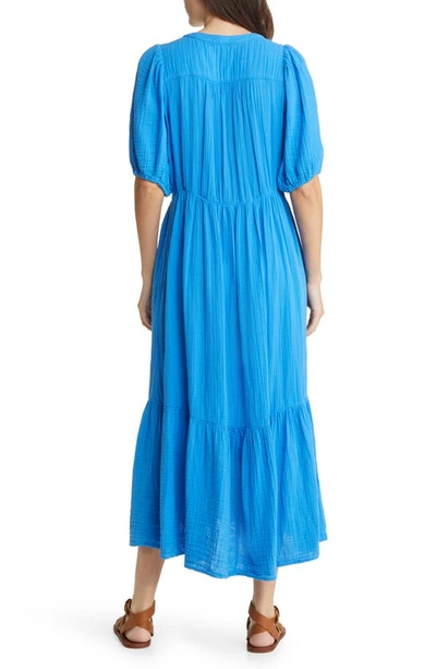 Shop Xirena Lennox Button-up Cotton Gauze Midi Dress In Cobalt