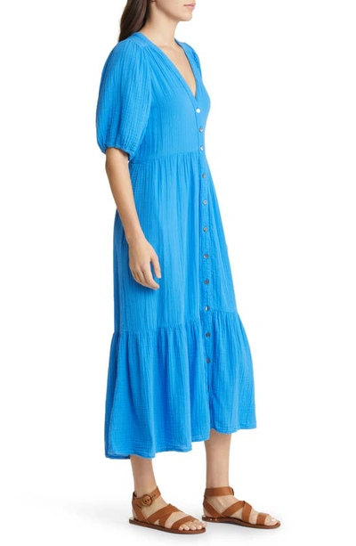 Shop Xirena Lennox Button-up Cotton Gauze Midi Dress In Cobalt