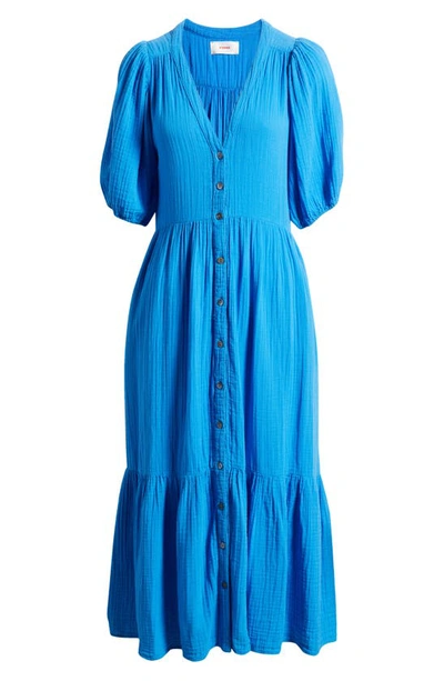 Shop Xirena Lennox Button-up Cotton Gauze Midi Dress In Cobalt