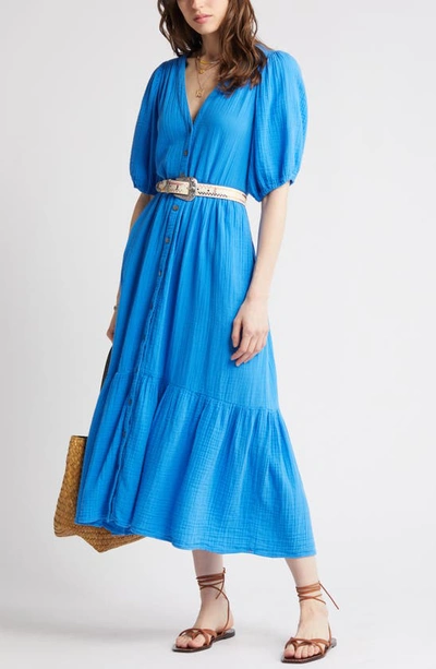 Shop Xirena Lennox Button-up Cotton Gauze Midi Dress In Cobalt