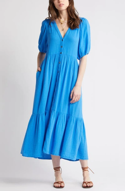 Shop Xirena Lennox Button-up Cotton Gauze Midi Dress In Cobalt