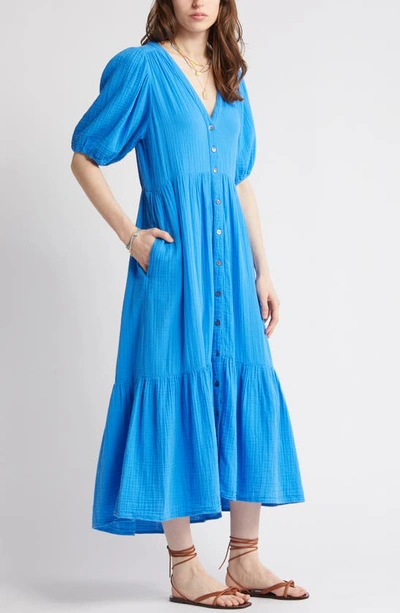 Shop Xirena Lennox Button-up Cotton Gauze Midi Dress In Cobalt