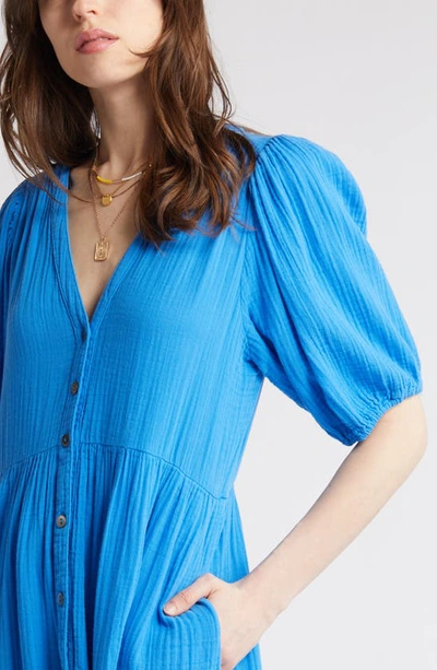 Shop Xirena Lennox Button-up Cotton Gauze Midi Dress In Cobalt