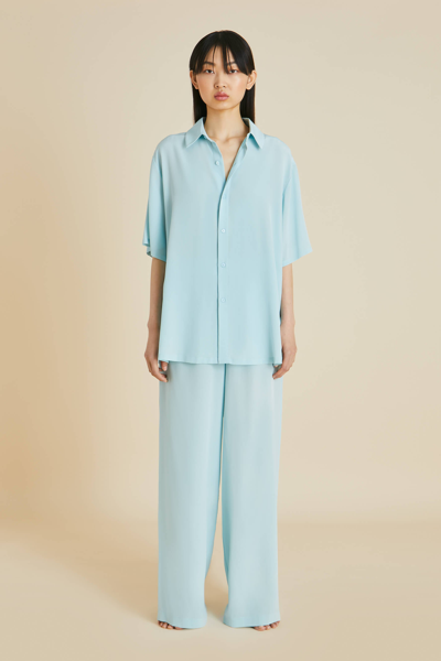 Shop Olivia Von Halle Alabama Blue Pyjamas In Silk Crêpe De Chine