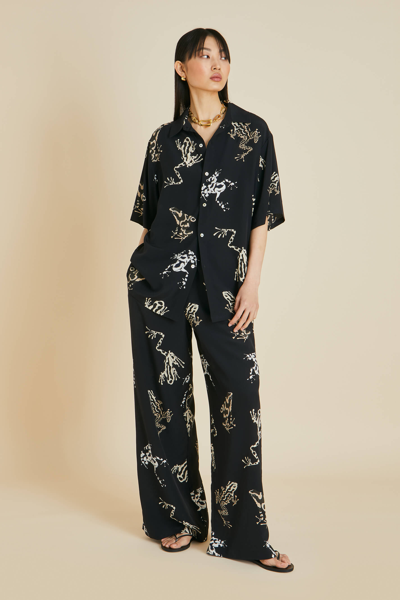 Shop Olivia Von Halle Alabama Lazulite Black Frog Pyjamas In Silk Crêpe De Chine