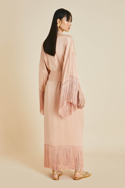 Shop Olivia Von Halle Amina Shell Pink Fringed Robe In Sandwashed Silk