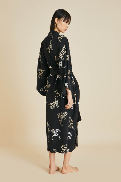 Shop Olivia Von Halle Amaya Lazulite Black Frog Robe In Silk Crêpe De Chine