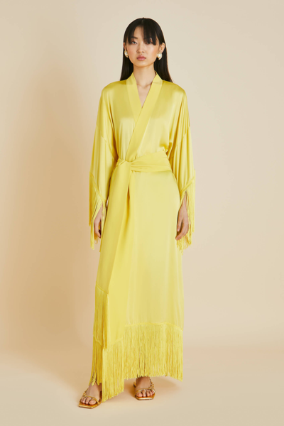 Shop Olivia Von Halle Amina Yellow Fringed Robe In Silk Satin