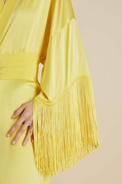 Shop Olivia Von Halle Amina Yellow Fringed Robe In Silk Satin
