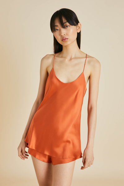 Shop Olivia Von Halle Bella Orange Camisole Set In Sandwashed Silk