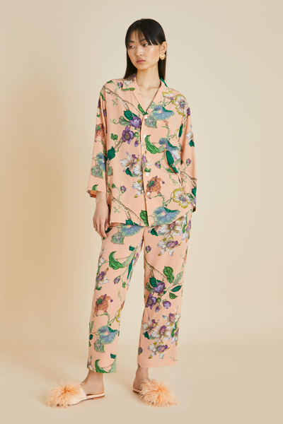 Shop Olivia Von Halle Casablanca Andromeda Pink Floral Pyjamas In Silk Crêpe De Chine