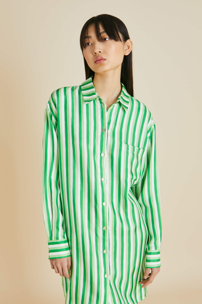 Shop Olivia Von Halle Celeste Piscis Green Stripe Silk Twill Nightshirt
