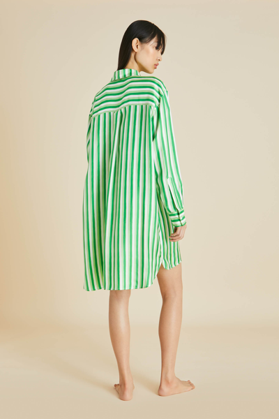 Shop Olivia Von Halle Celeste Piscis Green Stripe Nightshirt In Silk Twill