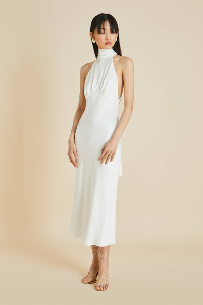 Shop Olivia Von Halle Greta Ivory Halterneck Dress In Silk Satin