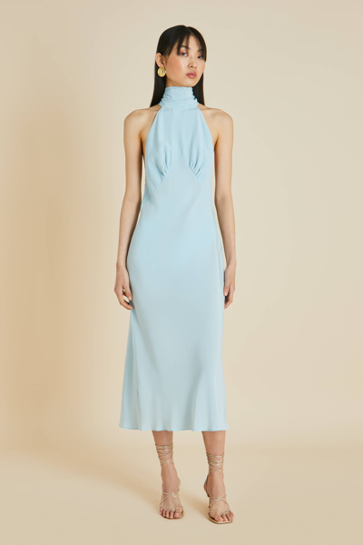 Shop Olivia Von Halle Greta Blue Halterneck Dress In Silk Crêpe De Chine