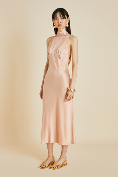 Shop Olivia Von Halle Greta Shell Pink Halterneck Dress In Sandwashed Silk