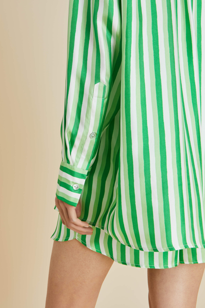 Shop Olivia Von Halle Kick Piscis Green Stripe Pyjamas In Silk Twill