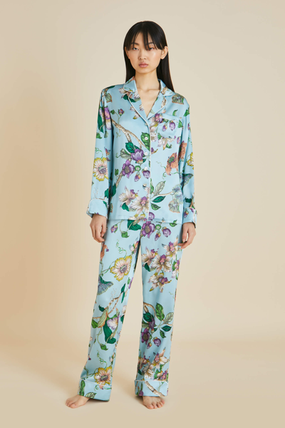 Shop Olivia Von Halle Lila Ceres Blue Floral Pyjamas In Silk Satin