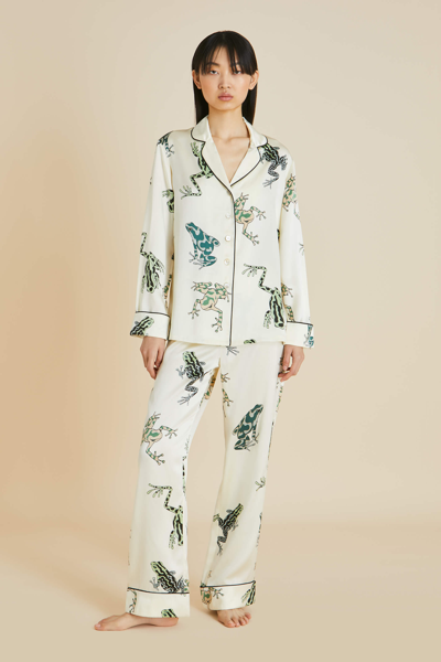 Shop Olivia Von Halle Lila Lumi Ivory Frog Pyjamas In Silk Satin