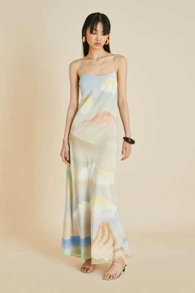 Shop Olivia Von Halle Olympia Ecliptic Blue Landscape Slip Dress In Silk Crêpe De Chine