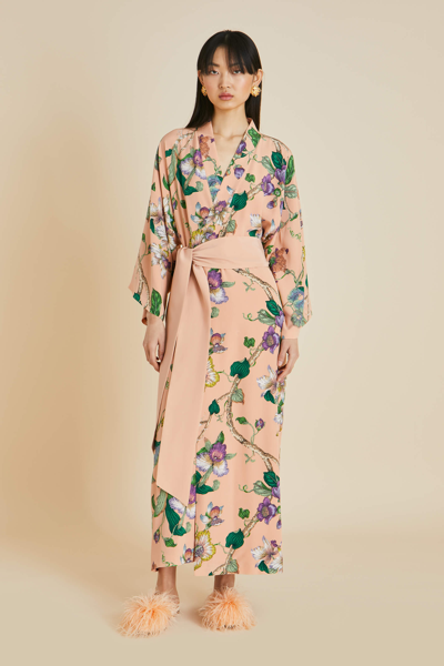 Shop Olivia Von Halle Queenie Andromeda Pink Floral Robe In Silk Crêpe De Chine