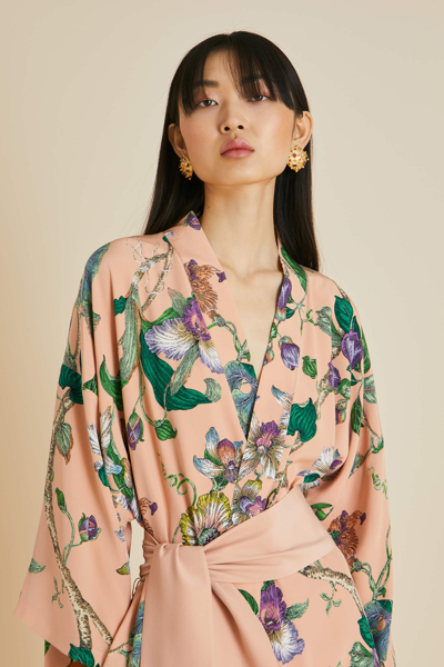 Shop Olivia Von Halle Queenie Andromeda Pink Floral Robe In Silk Crêpe De Chine