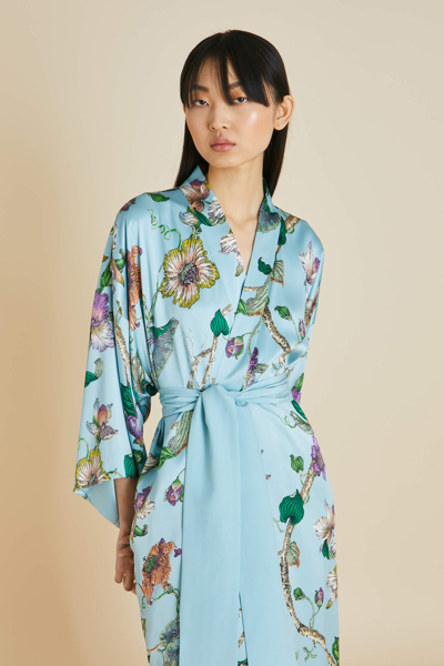 Shop Olivia Von Halle Queenie Ceres Blue Floral Robe In Silk Satin
