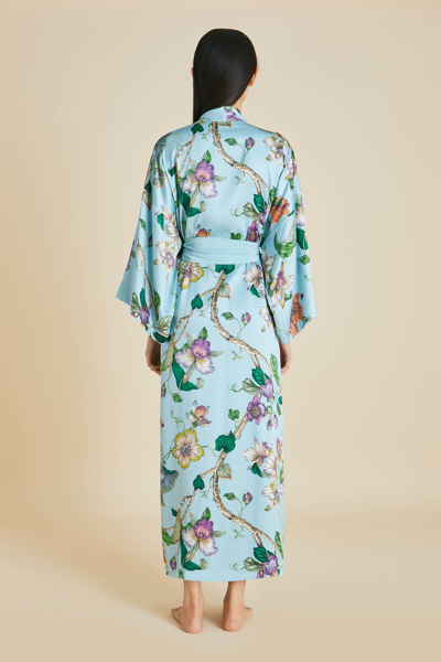 Shop Olivia Von Halle Queenie Ceres Blue Floral Robe In Silk Satin