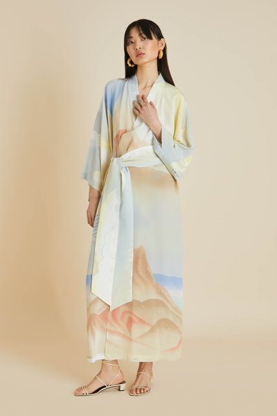 Shop Olivia Von Halle Queenie Ecliptic Blue Landscape Silk Crêpe De Chine Robe