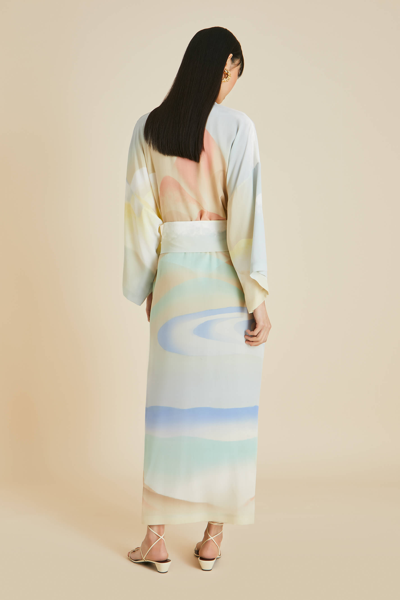 Shop Olivia Von Halle Queenie Ecliptic Blue Landscape Robe In Silk Crêpe De Chine