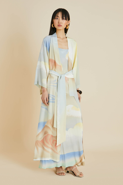 Shop Olivia Von Halle Queenie Ecliptic Blue Landscape Robe In Silk Crêpe De Chine