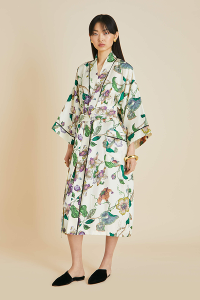 Shop Olivia Von Halle Sabine Aura Ivory Floral Robe In Silk Twill