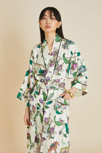Shop Olivia Von Halle Sabine Aura Ivory Floral Robe In Silk Twill