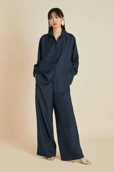 Shop Olivia Von Halle Wolfe Navy Pyjamas In Silk Twill