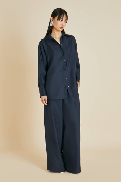 Shop Olivia Von Halle Wolfe Navy Pyjamas In Silk Twill
