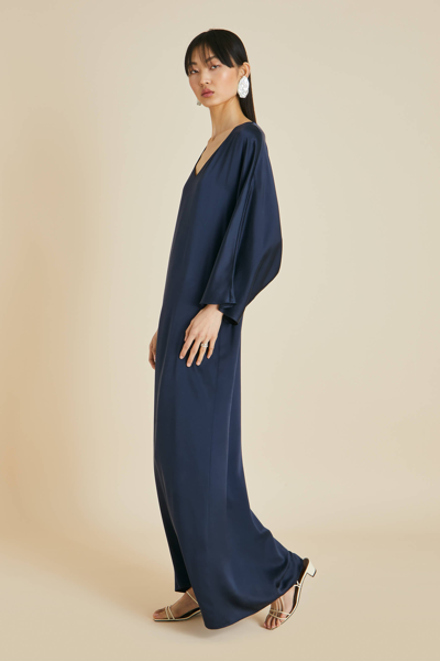 Shop Olivia Von Halle Vreeland Navy Dress In Sandwashed Silk