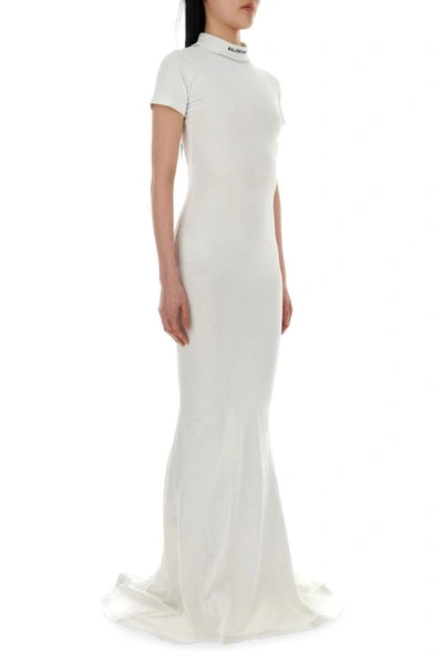 Shop Balenciaga Woman White Stretch Cotton Long Dress