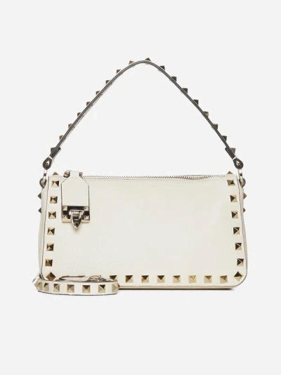 Shop Valentino Rockstud Leather Small Bag In Light Ivory
