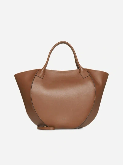 Shop Wandler Mia Leather Tote Bag In Saddle