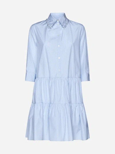 Shop Fabiana Filippi Striped Cotton Tiered Shirt Dress In Light Blue