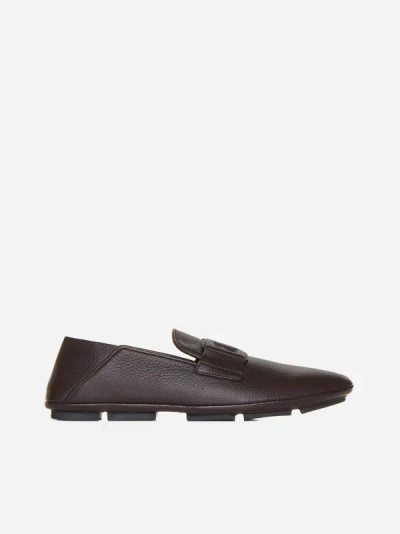 Shop Dolce & Gabbana Dg Logo Leather Loafers In Dark Brown