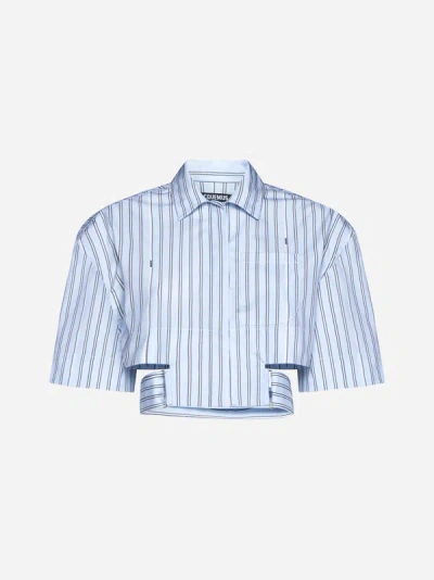 Shop Jacquemus Bari Striped Cotton Short Shirt In Light Blue
