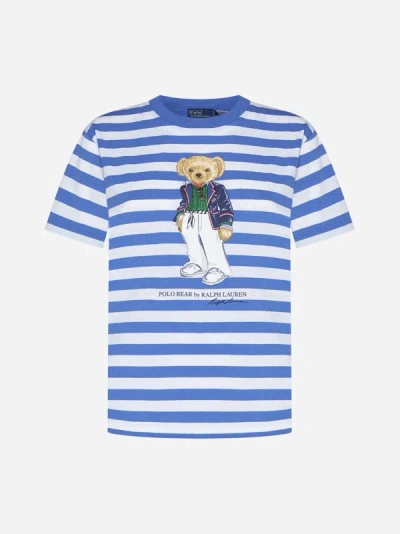 Shop Polo Ralph Lauren Bear Striped Cotton T-shirt In Resort Blue,white