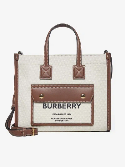 Shop Burberry Freya Mini Canvas And Leather Tote Bag In Natural,tan