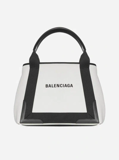 Shop Balenciaga Navy Cabas Canvas Small Bag In Natural,black